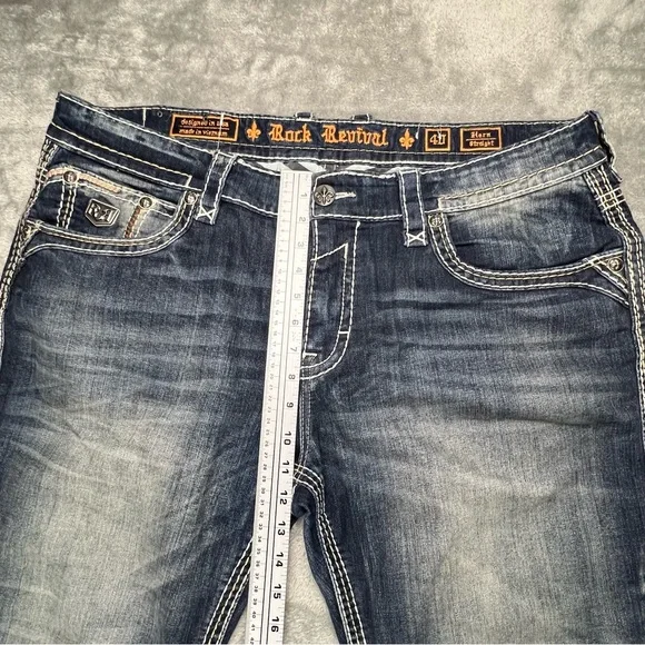 Rock Revival Jeans Mens 40x31 Blue Medium Wash Hern Straight Thick Stitch Cowboy